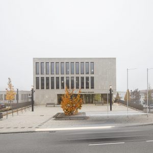 Modernes Gebäude mit heller Steinfassade und vertikalen Fensterreihen, umgeben von einem gepflasterten Vorplatz mit einem leuchtend orangefarbenen Baum in der Mitte.